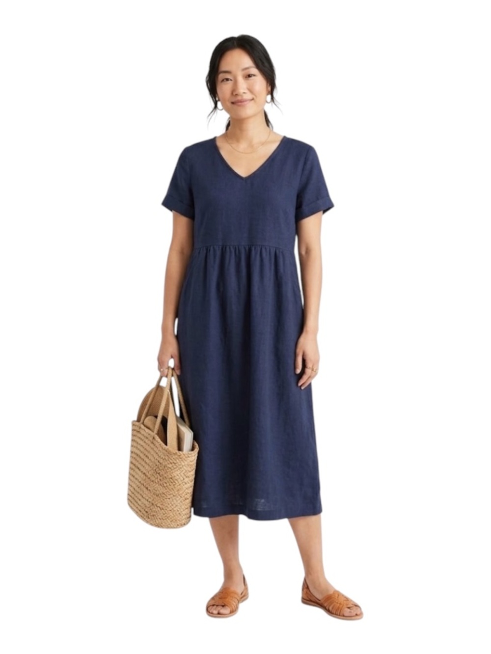 Grae Cove 100% Linen Midi Dress Sz S Navy Pockets Lagenlook Sunday Best Mori Kei